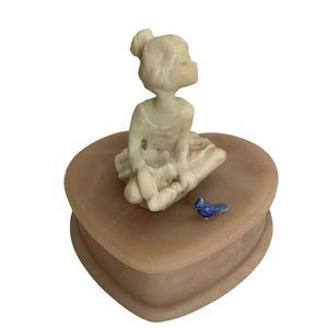 Vintage Avondale Girl and Blue Bird Pink Heart Stone Carved Jewelry Trinket Box